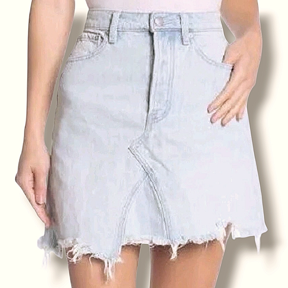 Free People We The Free Going Rogue Light Wash Distressed Denim Skirt 28